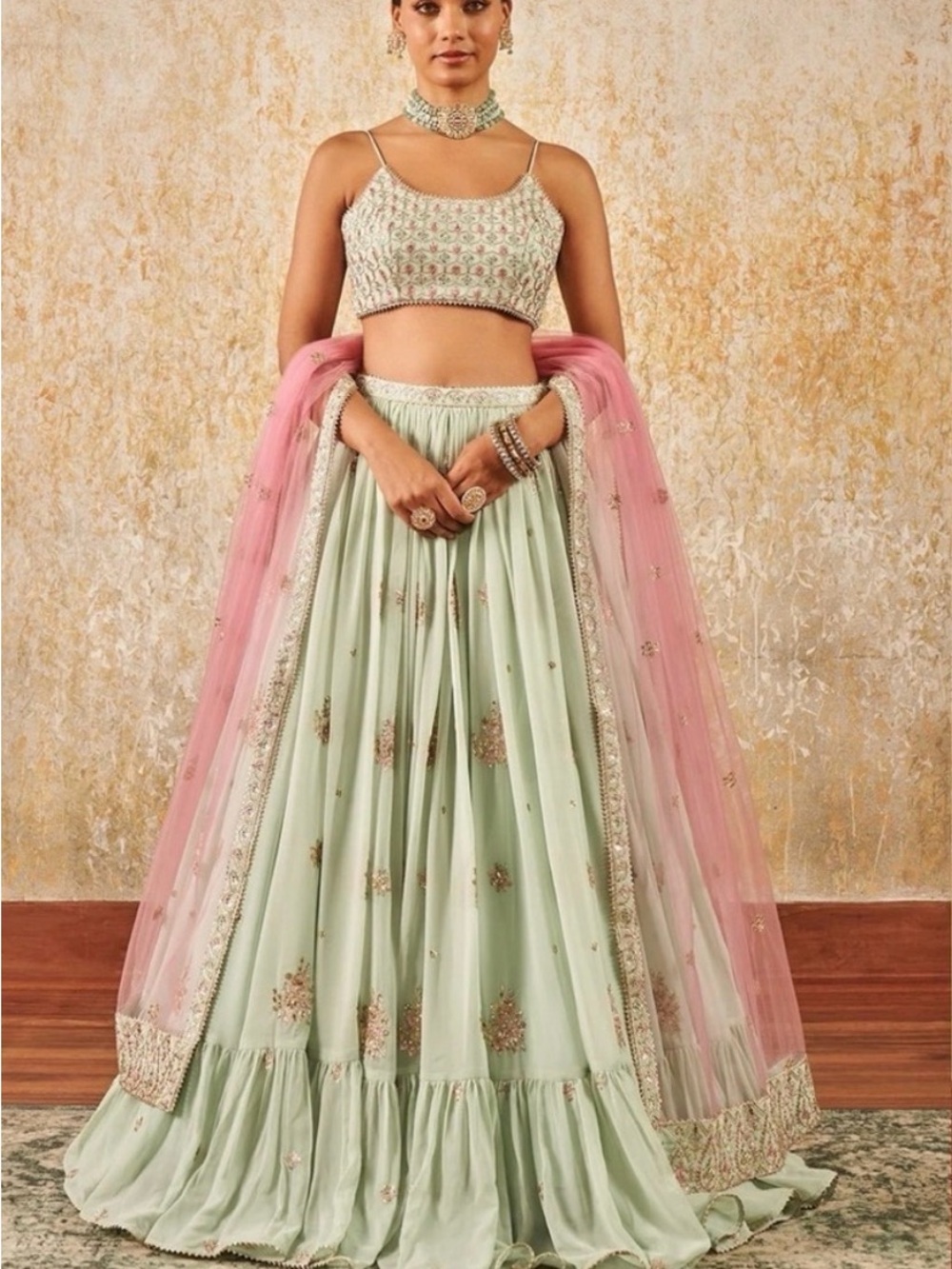 Lashkaraa Mint Embroidered Lehenga Dress Set w/ Dupatta XXS Wedding Guest India